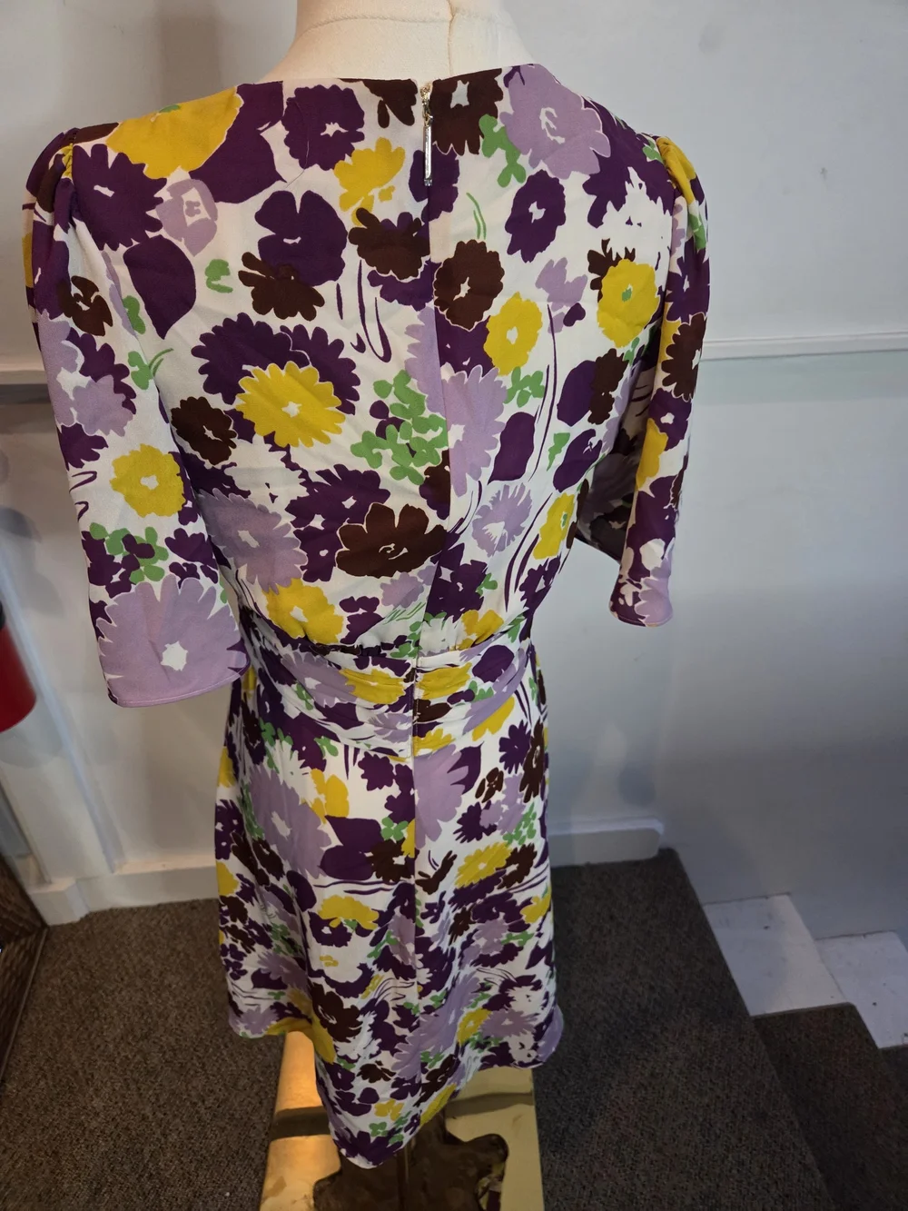 Floral V-Neck A-Line Dress in Purple and Yellow Sz 2